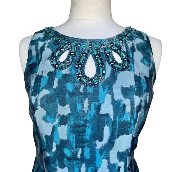 TAHARI ARTHUR S LEVINE Size 6 Teal Jewels Neckline Metallic Jacquard Dress - Picture 3 of 3
